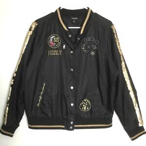 Torrid Satin Embroidered Sequin Patches Glitter Black Bomber Jacket Sz 1 Medium